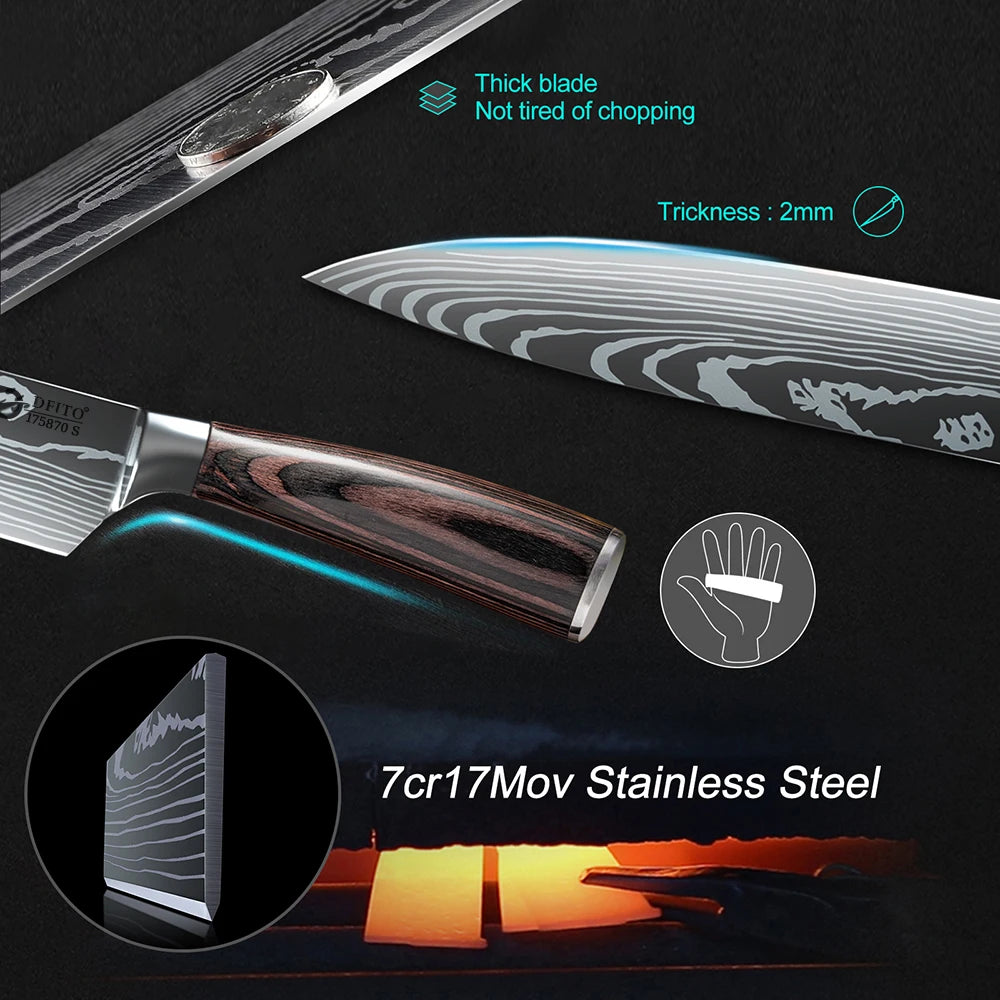 KEPEAK Kitchen Knife Set 7Cr17Mov Stainless Steel Chef Knife Ultra Sharp Santoku Cleaver Utility Knife Cooking Knives Nylon Bag