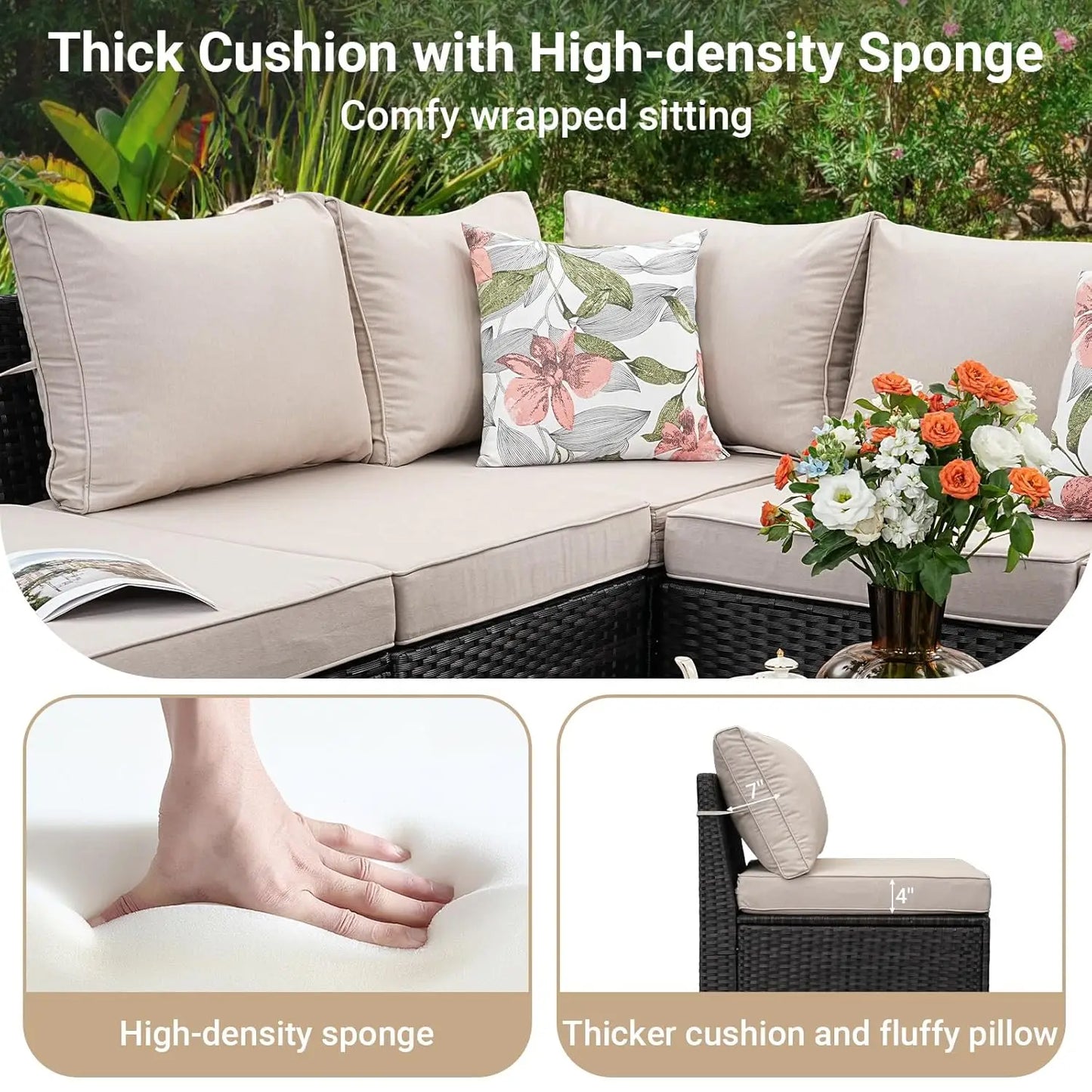 8-Piece Patio Furniture Set, All-Weather Outdoor Wicker Sectional Sofa with Cushions, Glass Table & Left and Right, Customized