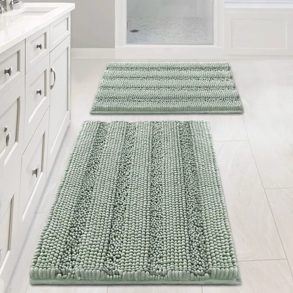 H.VERSAILTEX Sage Bathroom Rugs, Bath Mat Set of 2 Extra Thick Chenille Striped Pattern Shaggy Bath Rugs for Bath Room, Non Skid
