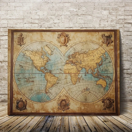 Wooden Frame World Map Canvas Wall Art For Living Room