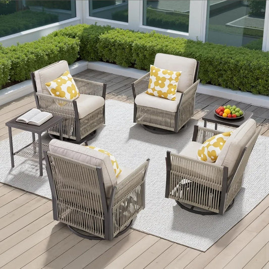 6 Pieces Patio Furniture Sets, Outdoor Rattan Conversation Set with 4 Swivel Glider Rocker Chairs and 2 Side Table, All-Weather