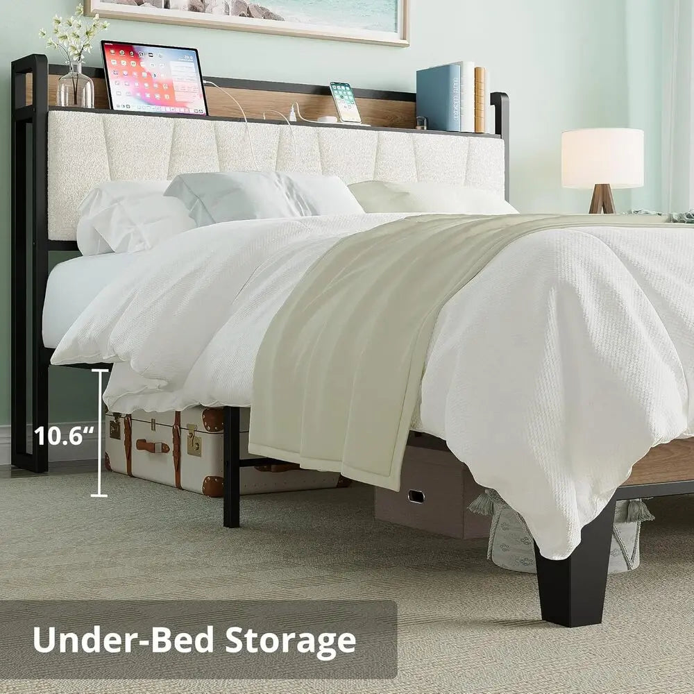Likimio Bed Frame With Storage Headboard And Charging Station With USB Ports And Outlets With Heavy Duty Metal Slats