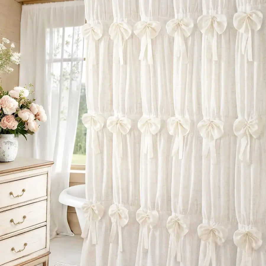 Farmhouse Vintage Ruffle Bow Shower Curtain Polyester Bathroom Decor With Timeless Charm