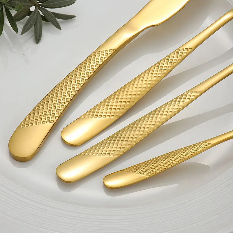 Pioggia Stainless Steel Cutlery Set For Four Person Everyday Dining With Silver Gold Coating And Mirror Bullion Finish