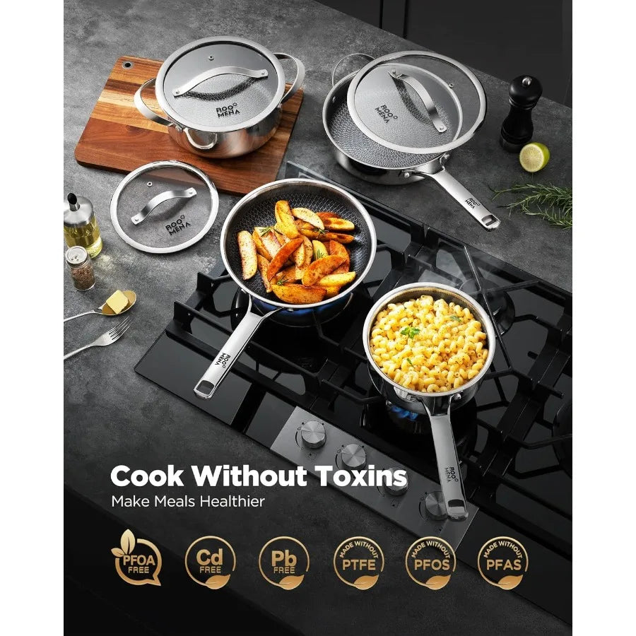 Pots and Pans Set Hybrid Stainless Steel 17PC Nonstick TriPly Cookware Set w Frying pan Dishwasher and Oven Safe PFOAFree Metal