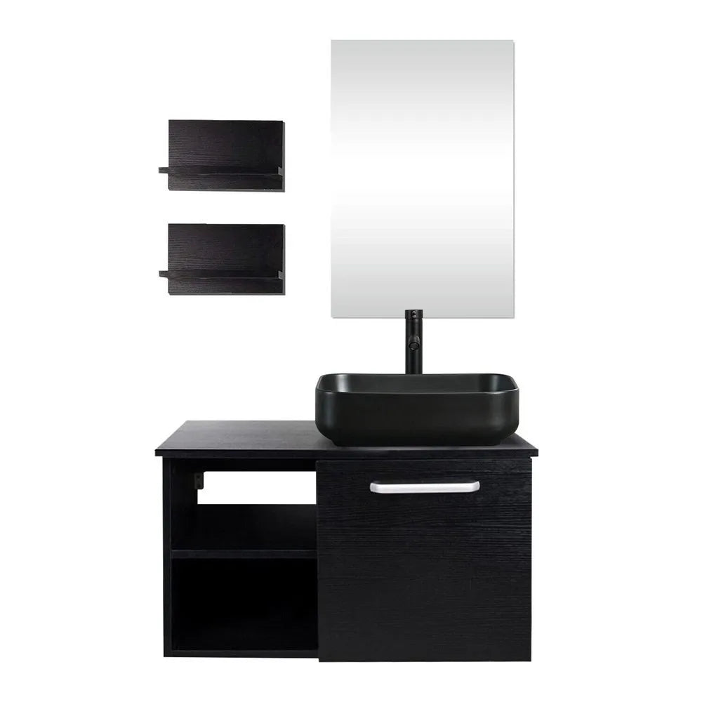 28'' Floating Bathroom Vanity Black Cabinet with Sink Vessel Side Shelves Mirror