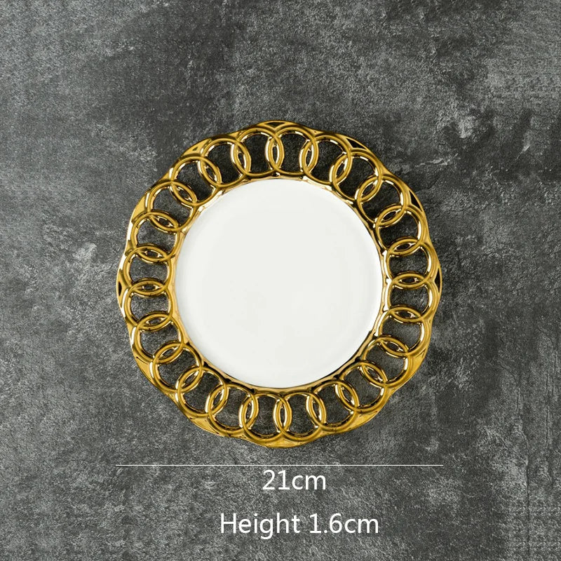 Gold Plated Hollow Out Ceramic Plate For Dining Table