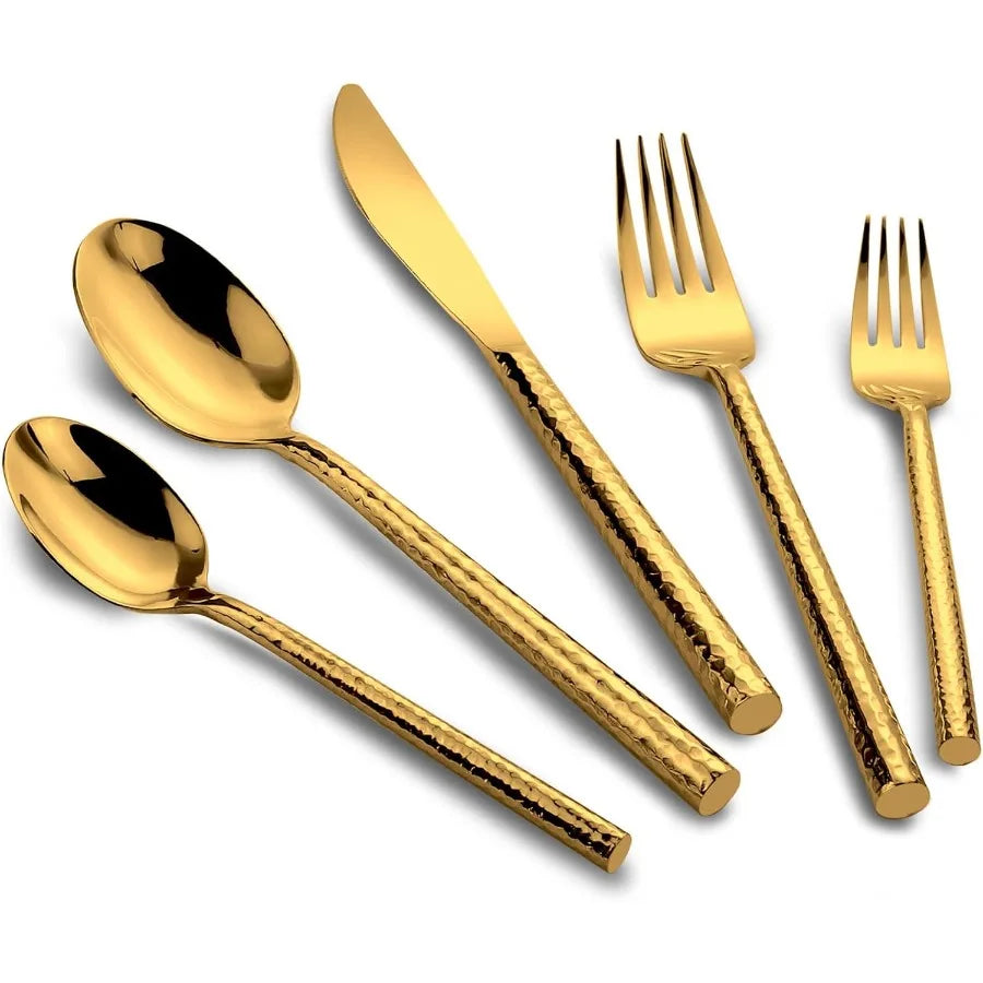 18 10 Stainless Steel Flatware Set Hand Forged Silverware Set Cutlery Set Shiny Gold Round Hammered Handle Mirror Finished 20 P