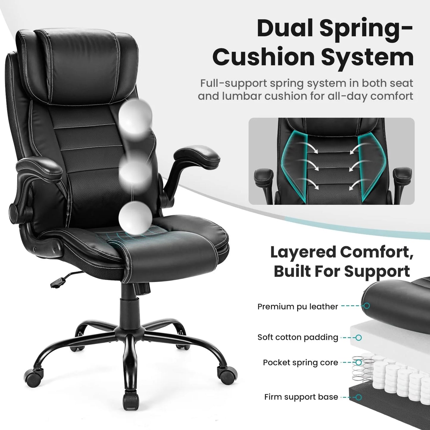 Ergonomic Executive Office Chair High Back Faux Leather Adjustable Headrest Lumbar Support Gas Lift Office Chair for Home Office