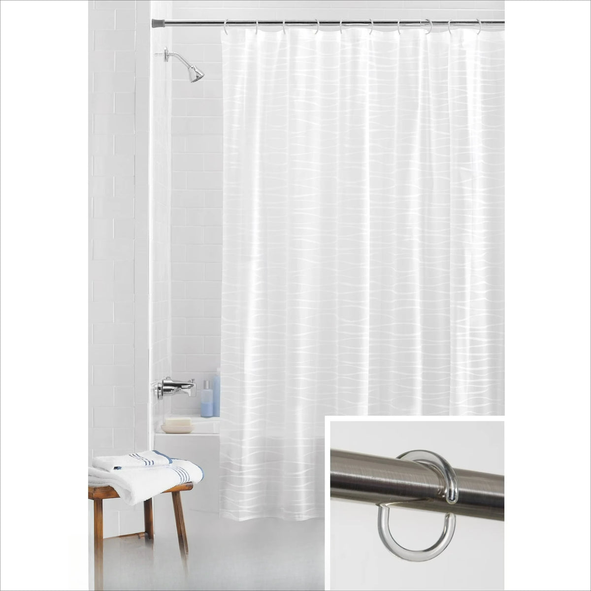 Waterproof Striped Shower Curtain With 12 Hooks And Weighted Hem
