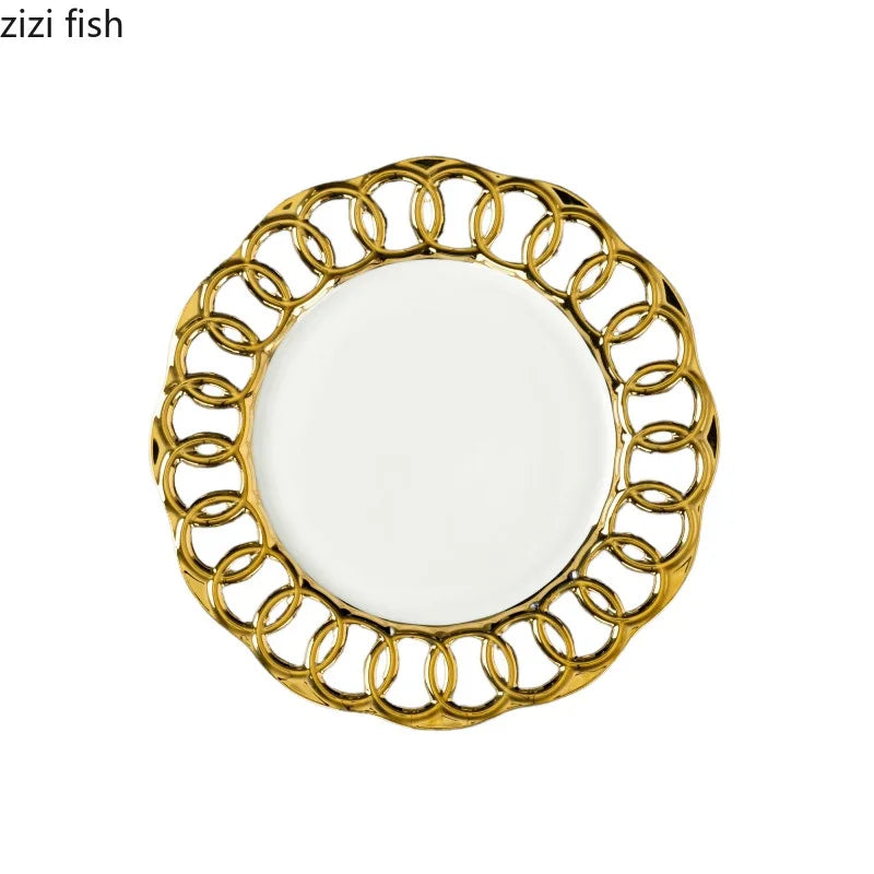 Gold Plated Hollow Out Ceramic Plate For Dining Table