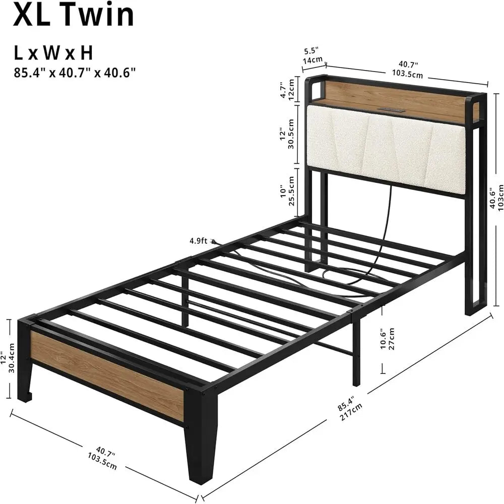 Likimio Bed Frame With Storage Headboard And Charging Station With USB Ports And Outlets With Heavy Duty Metal Slats