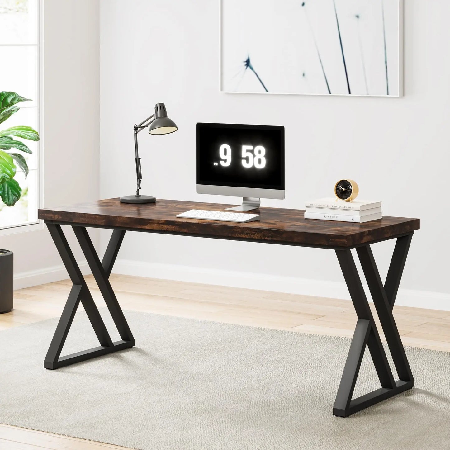 Tribesigns Writing Computer Desk With Z Shaped Metal Legs Industrial Chic Wood Grain Top 55 Inch Wide