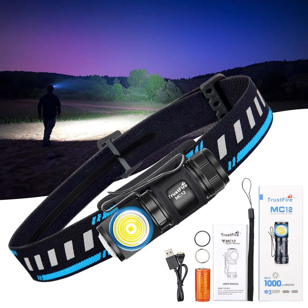 Trustfire Mc12 1000 Lumens Xp-l Headlamp Magnetic Rechargeable Edc Torch