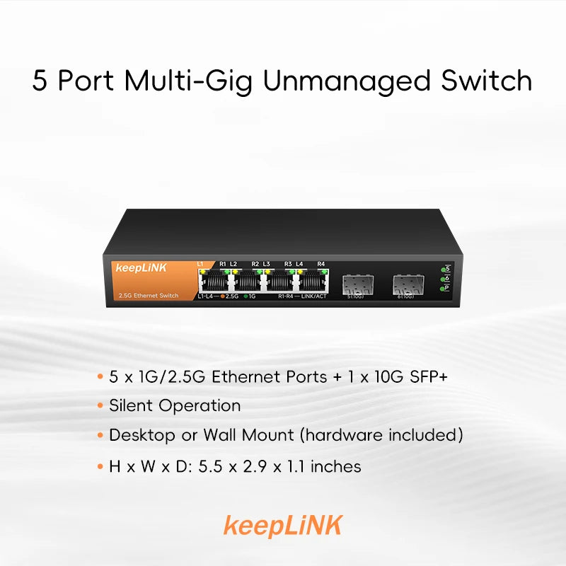 KeepLiNK Six Port Multi Gig Unmanaged Ethernet Switch With Four 2 Point 5 Gb RJ45 Ports And Two 10 Gb SFP Plus Uplinks