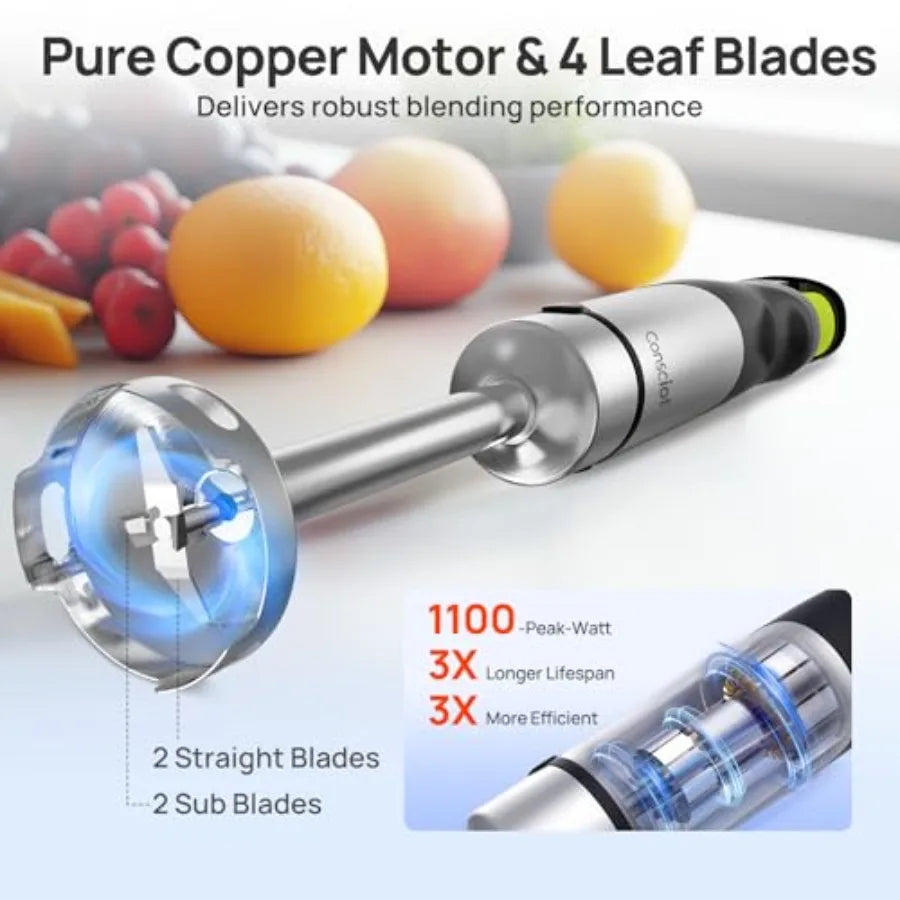 MDNG Immersion Blender 1100W 10 In 1 Handheld Beaker Stainless Steel Shaft Dual Blades