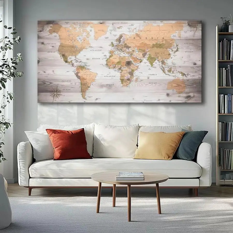 World Map Framed Wall Art Print On Cotton Fabric Ready To Hang For Modern Homes Interiors
