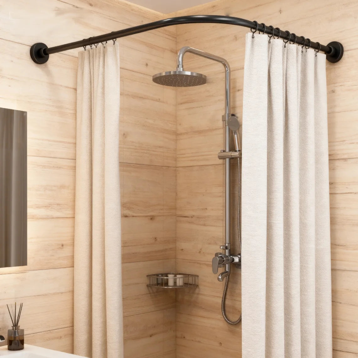 Telescopic L-Shape Shower Curtain Rail No-Drilling Corner Install Stainless Steel