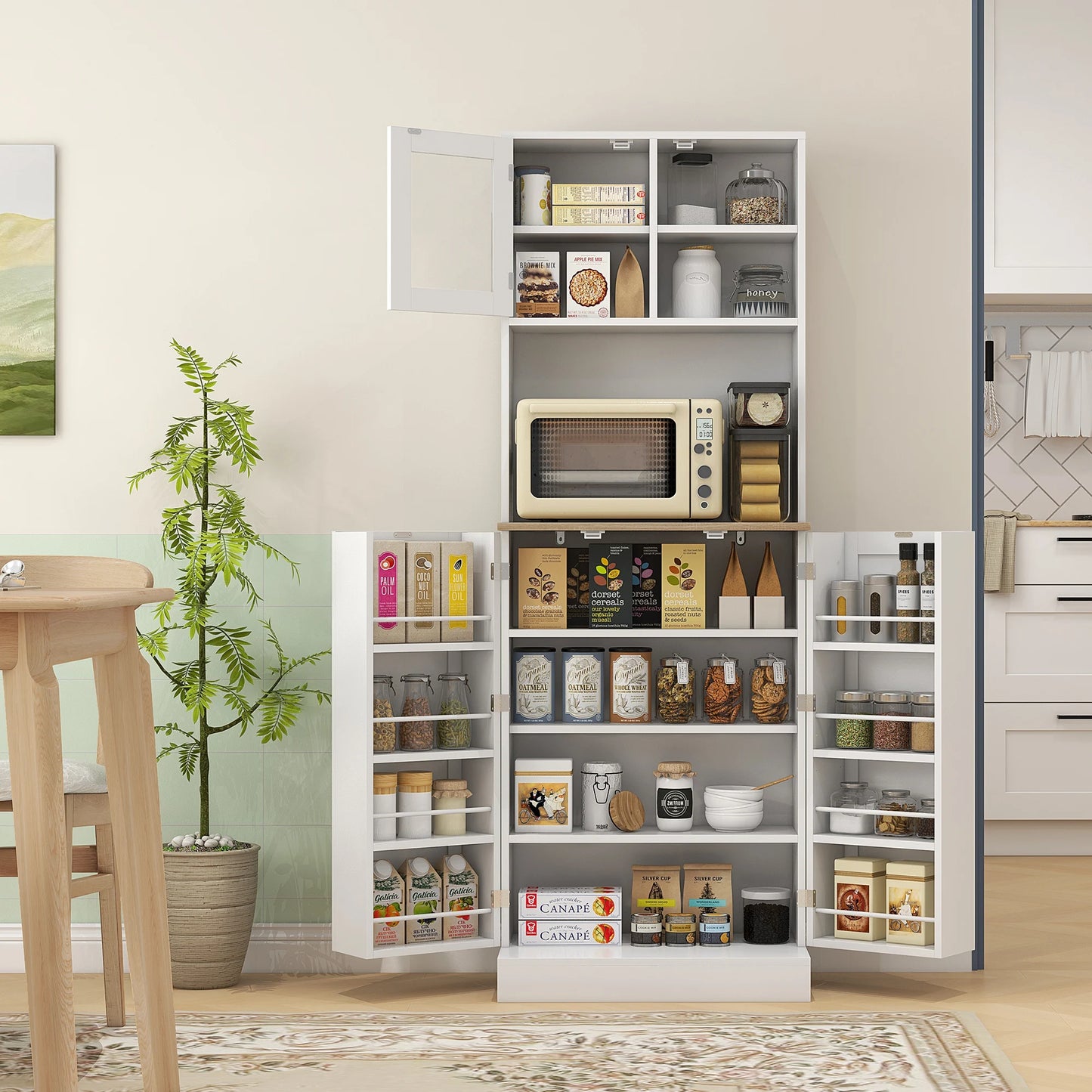 HOMCOM Kitchen Pantry Storage Cabinet With Microwave Stand For Modular Kitchen Organization