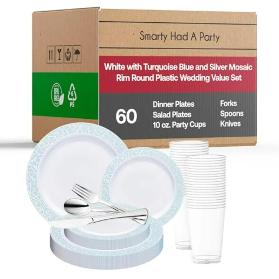 Elegant Disposable Plastic Dinnerware Set for 60 Guests - Fancy White with Blue & Silver Dinner Plates, Holiday Plates, Silverwa
