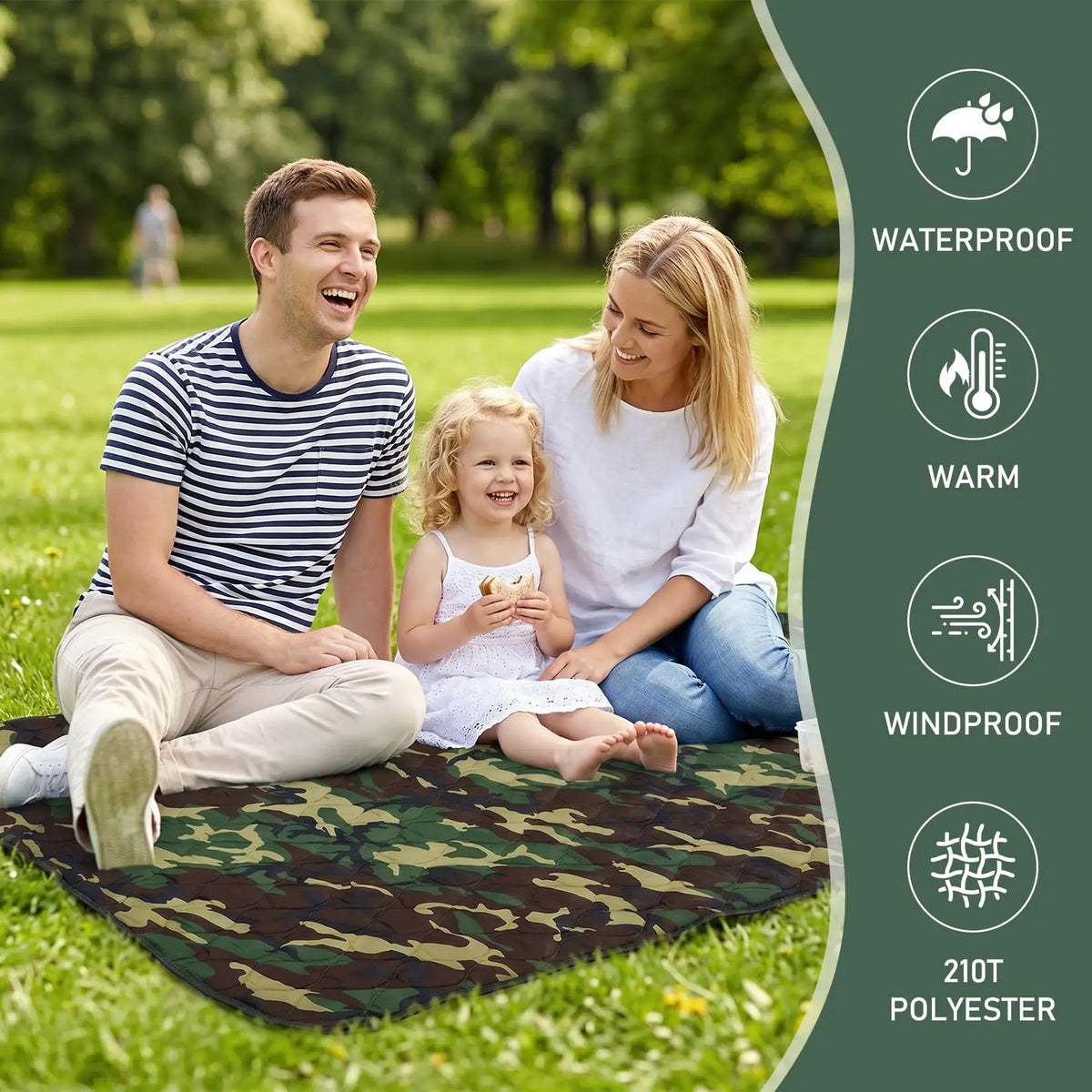 Portable Quilted Camping Blanket Green Camo Survival Poncho Liner】【。