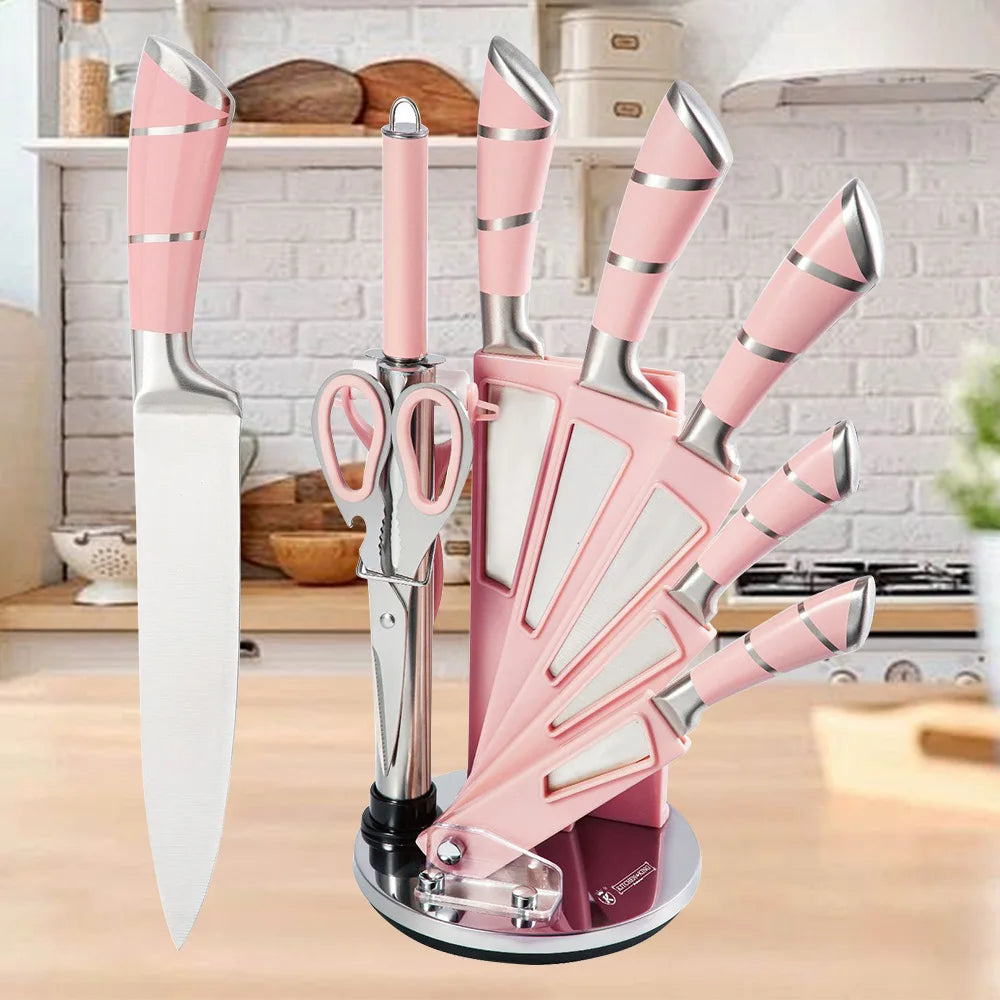MDHAND 9pcs Kitchen Knife Block Set Sharp Stainless Steel Sharp Cutlery with Rotatable Storage Stand Scissors and Sharpener