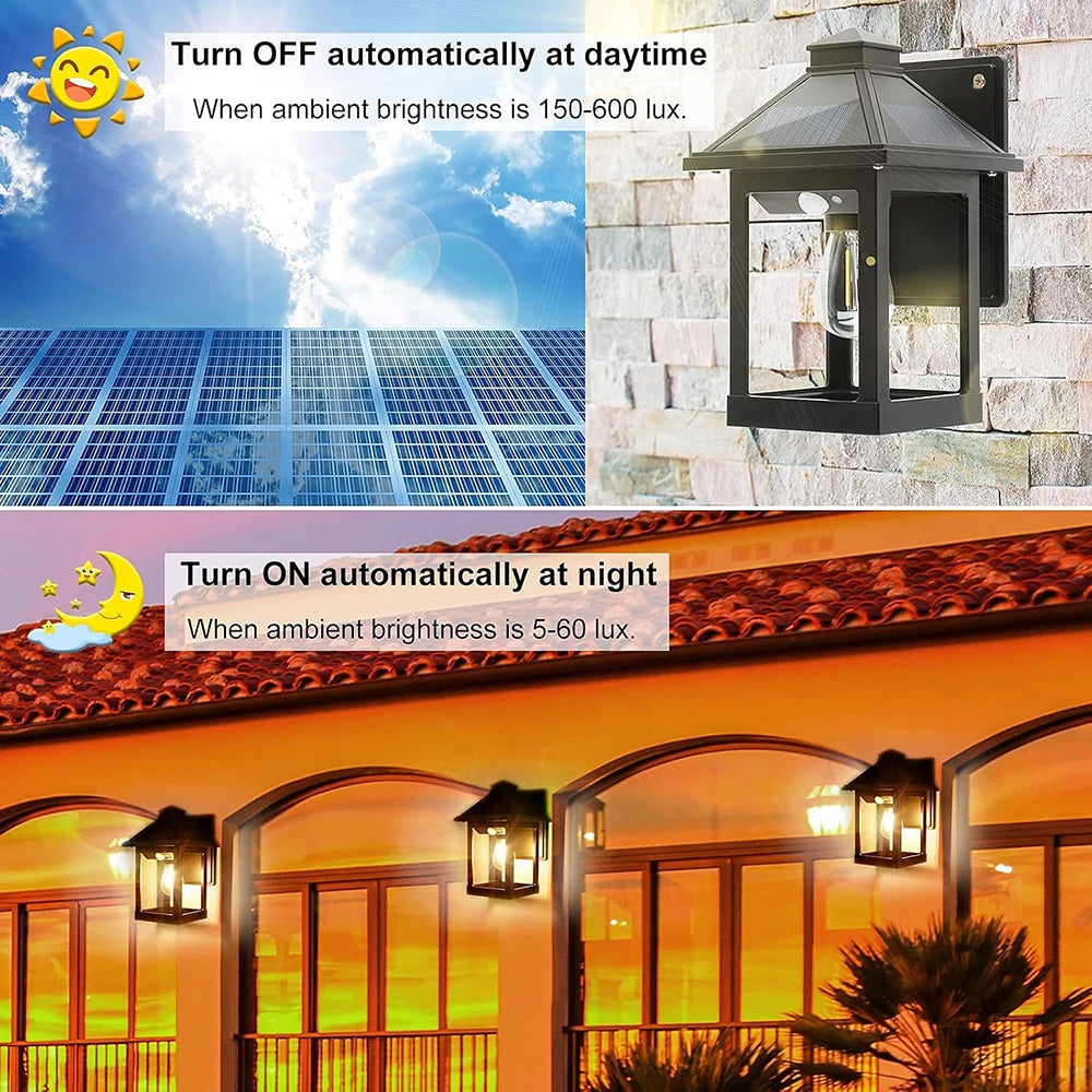Solar Powered Wall Lanterns 2 Pack Motion Sensor Dusk To Dawn LED Sconce Lights For Exterior Front Porch