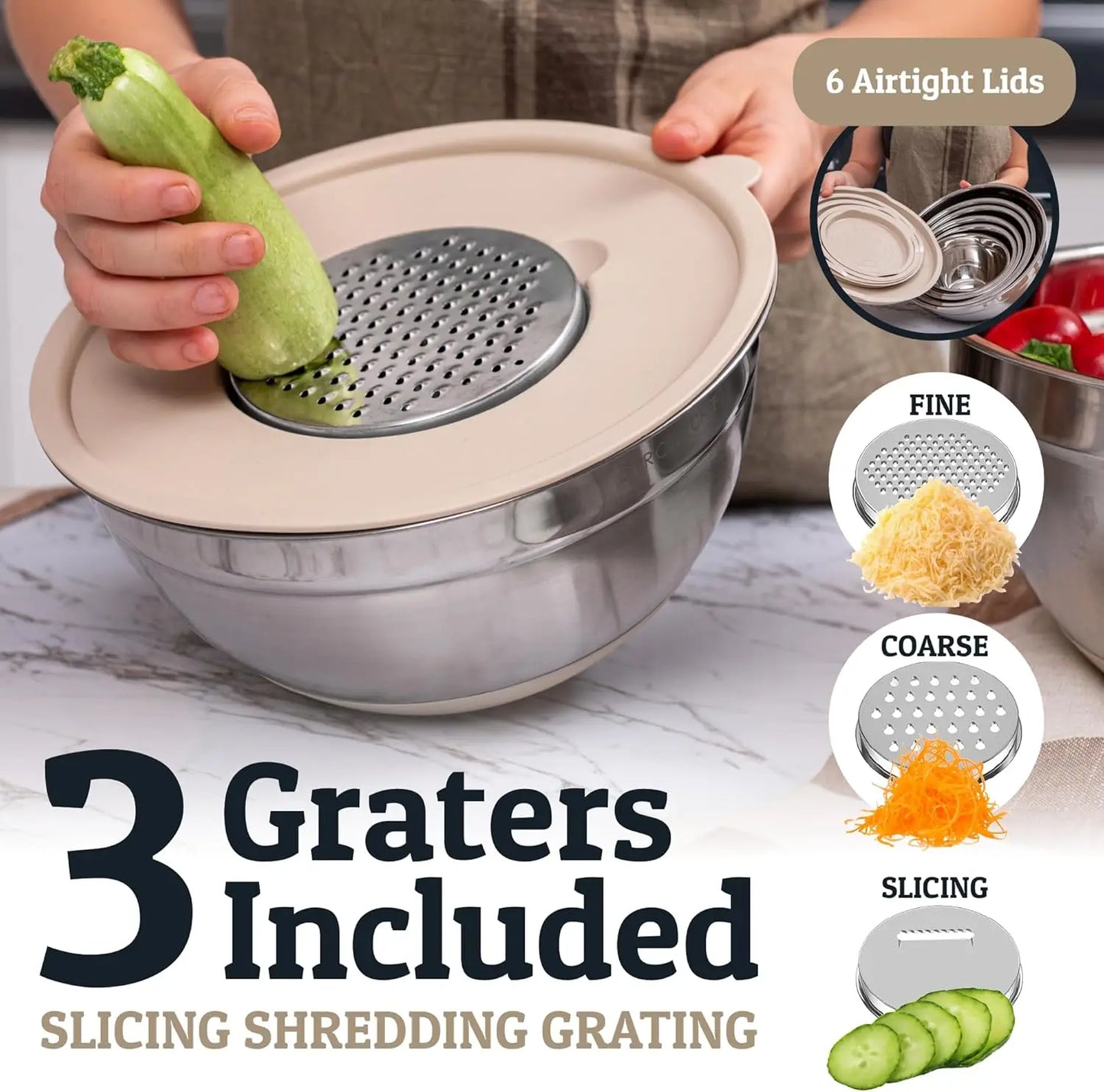 Stainless Steel Mixing Bowls With Lids Set Of 17 Pieces Six Thickened Bowls 1.1 To 4.5 Quarts For Baking And Storage