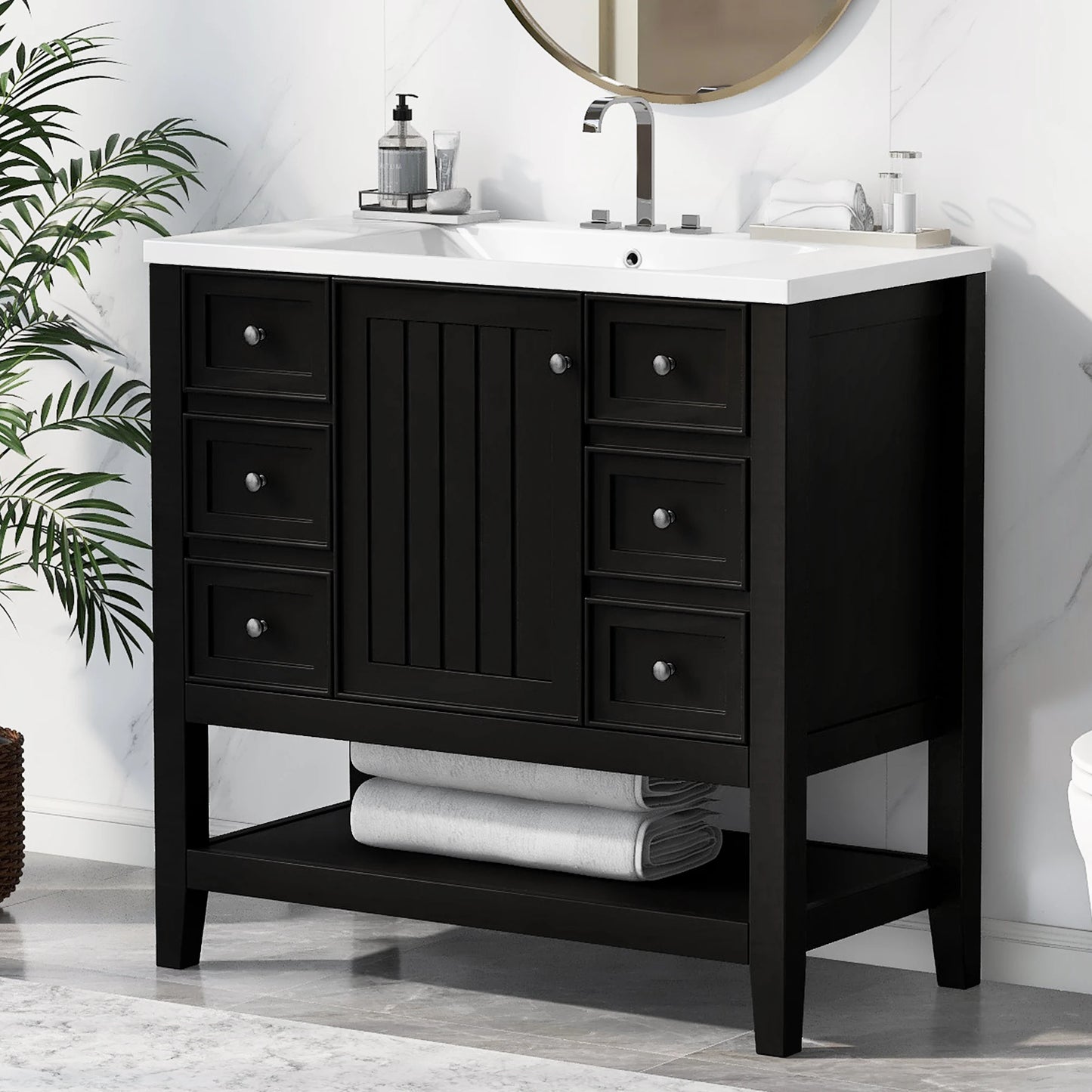 36" Bathroom Vanity with Sink, Free Standing Single Basin Vanity Set with a Soft Closing Door and 3 Drawers, Bathroom Table