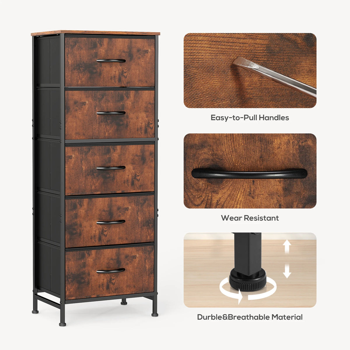 JHK Five Drawer Fabric Dresser Tall Bedroom Storage Organizer