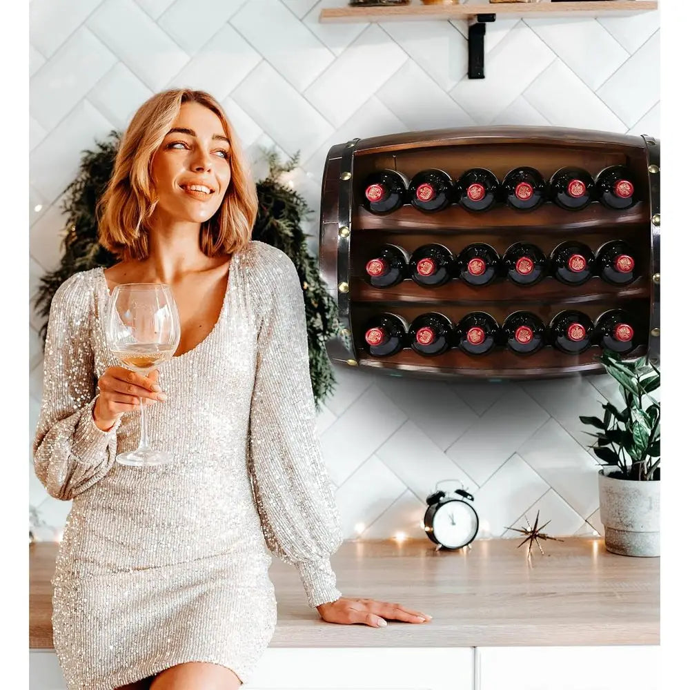 Mounted Wall Wine Rack - 18 Wine Bottles Wooden Barrel Wine Rack, Hanging or Freestanding Floor Wine Holder, Liquor Bar Shelves,