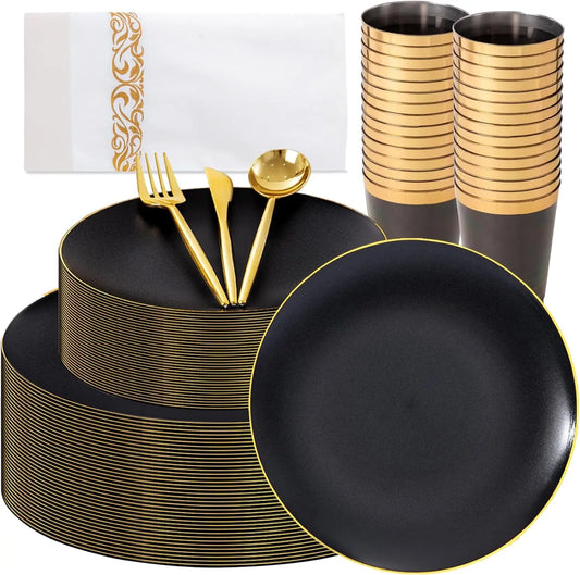 350Pcs Black Gold Matte Disposable Dinnerware Set for Parties, Includes Plates, Silverware, Napkins, Cups