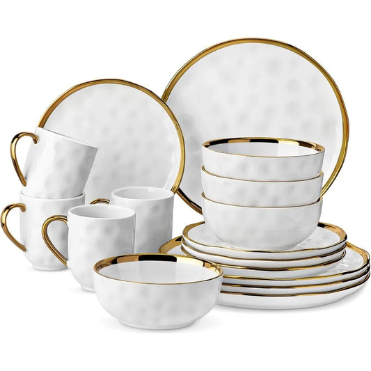 16 Pieces Plates and Bowls Sets Porcelain White and Gold Dinnerware Sets Round Dinner Plates Dishes Set Service for 4 Dishwashe