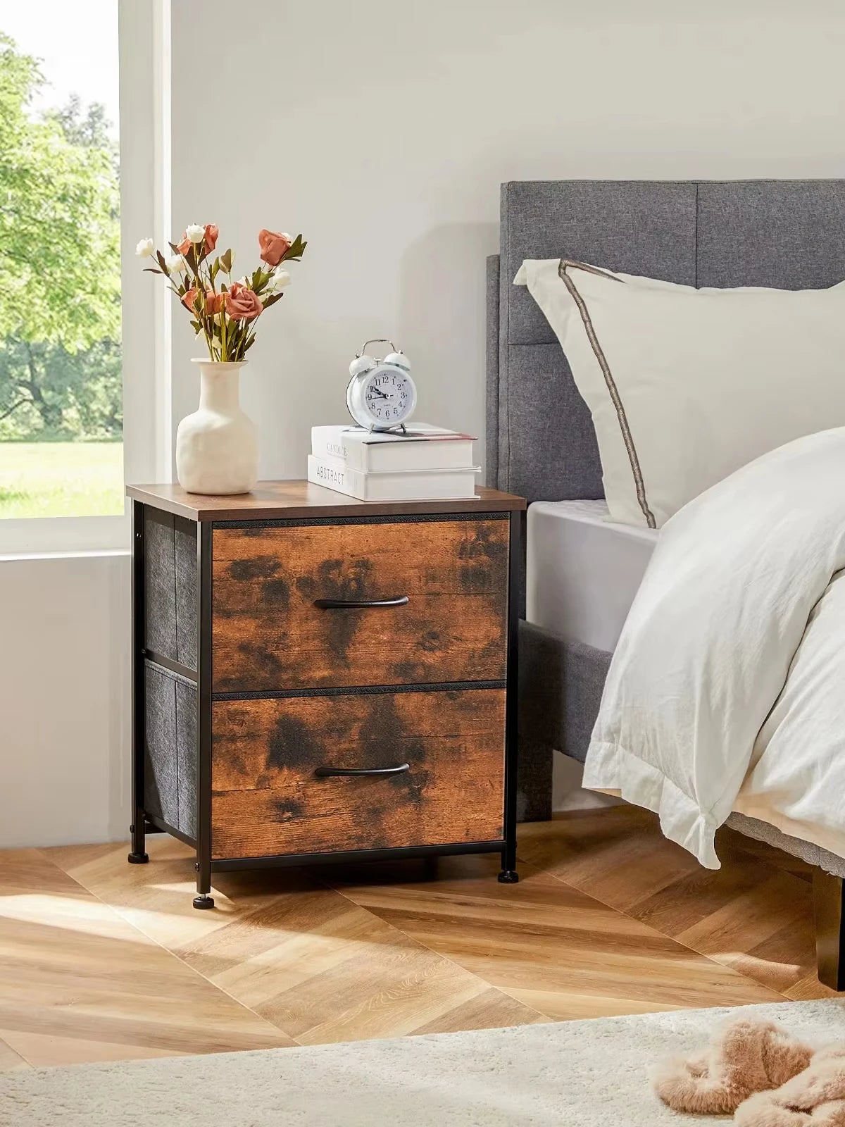 JHK Premium BedsideNightstand Table With 2 Durable Fabric Drawers StorageCabinet