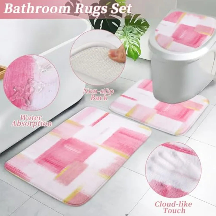 Pink and Gold Bathroom Set with Shower Curtain and Rugs Includes Trash Can Soap Dispenser and Soap Dish for Home Decor