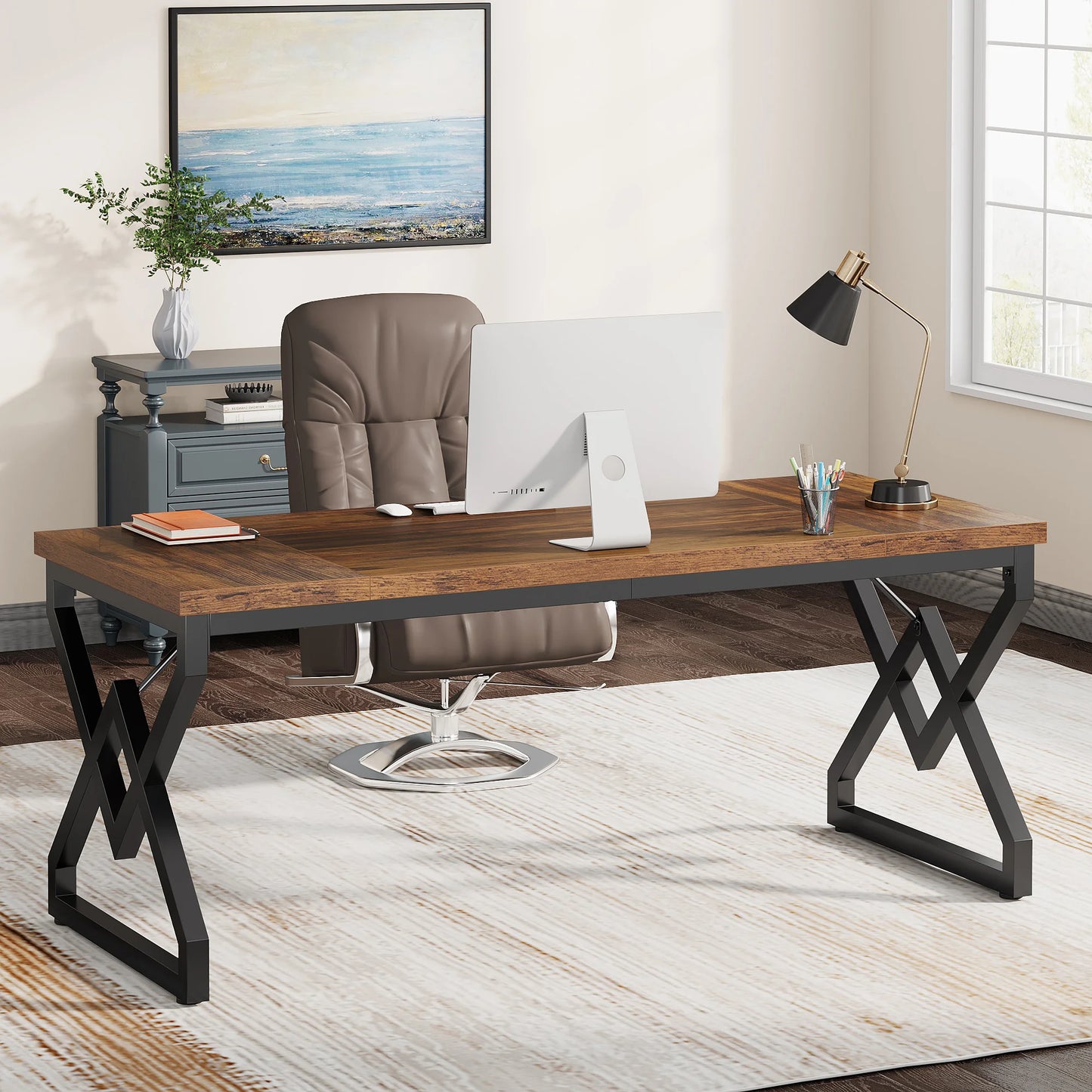 Tribesigns Industrial Executive Desk With Thick Tabletop And Metal Frame 63 Inch Long Computer Desk