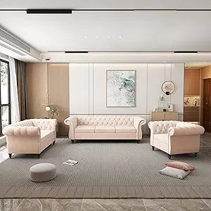DAFIFY Velvet Chesterfield Living Room Set With Nailhead Three Piece Sofa Loveseat Chair