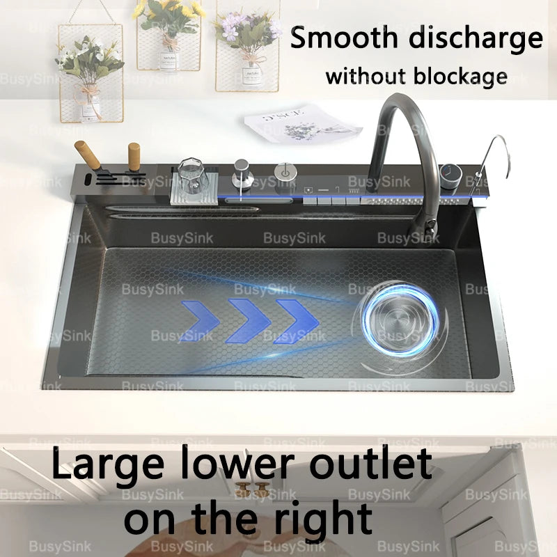 Stainless Steel Waterfall Kitchen Sink Digital Display Large Single Slot Dishwashing Sinks Overseas Warehouse Shipping