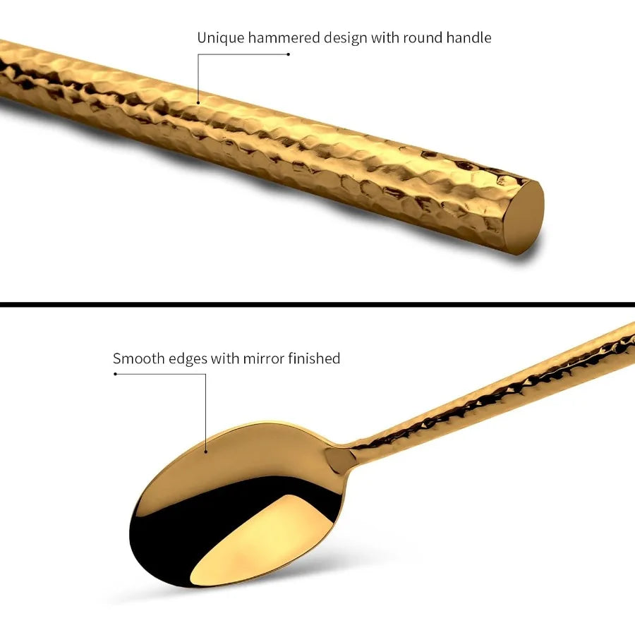 18 10 Stainless Steel Flatware Set Hand Forged Silverware Set Cutlery Set Shiny Gold Round Hammered Handle Mirror Finished 20 P