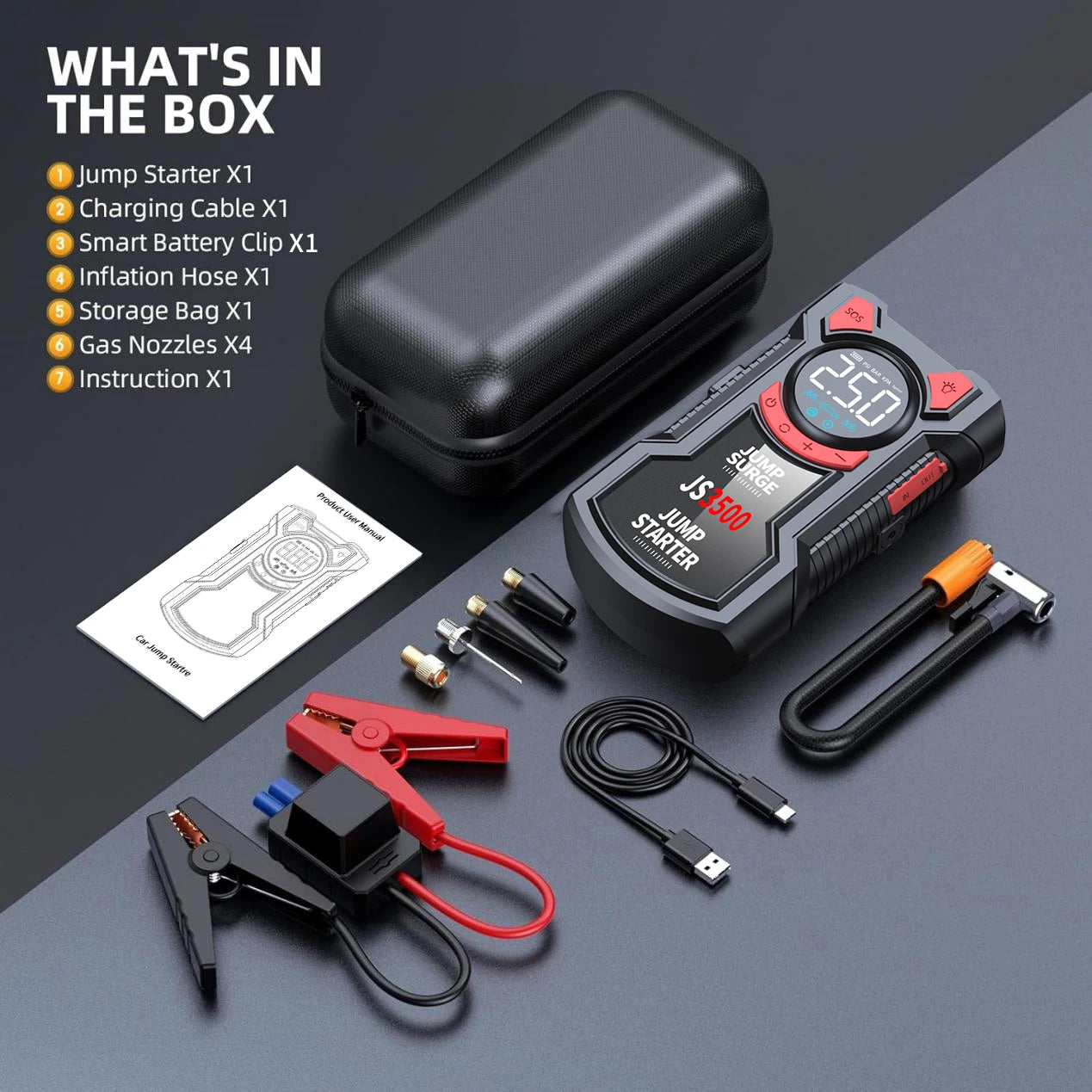 5 In 1 Jump Starter And Air Pump With Digital Tire Inflator For Cars And SUVs Portable Emergency Kit