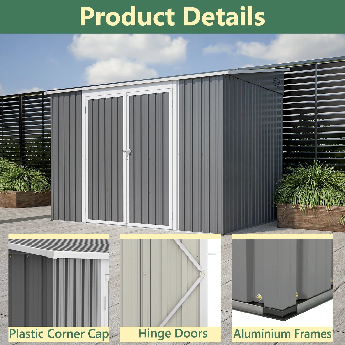 LZBEITEM Metal Outdoor Waterproof Storage Shed With Two Lockable Doors For Garden And Backyard
