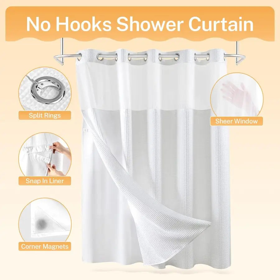 Polyester Shower Curtain Set With Snap In Replacement Liner And Split Rings No Tools Required 200Gsm Heavyweight Fabric