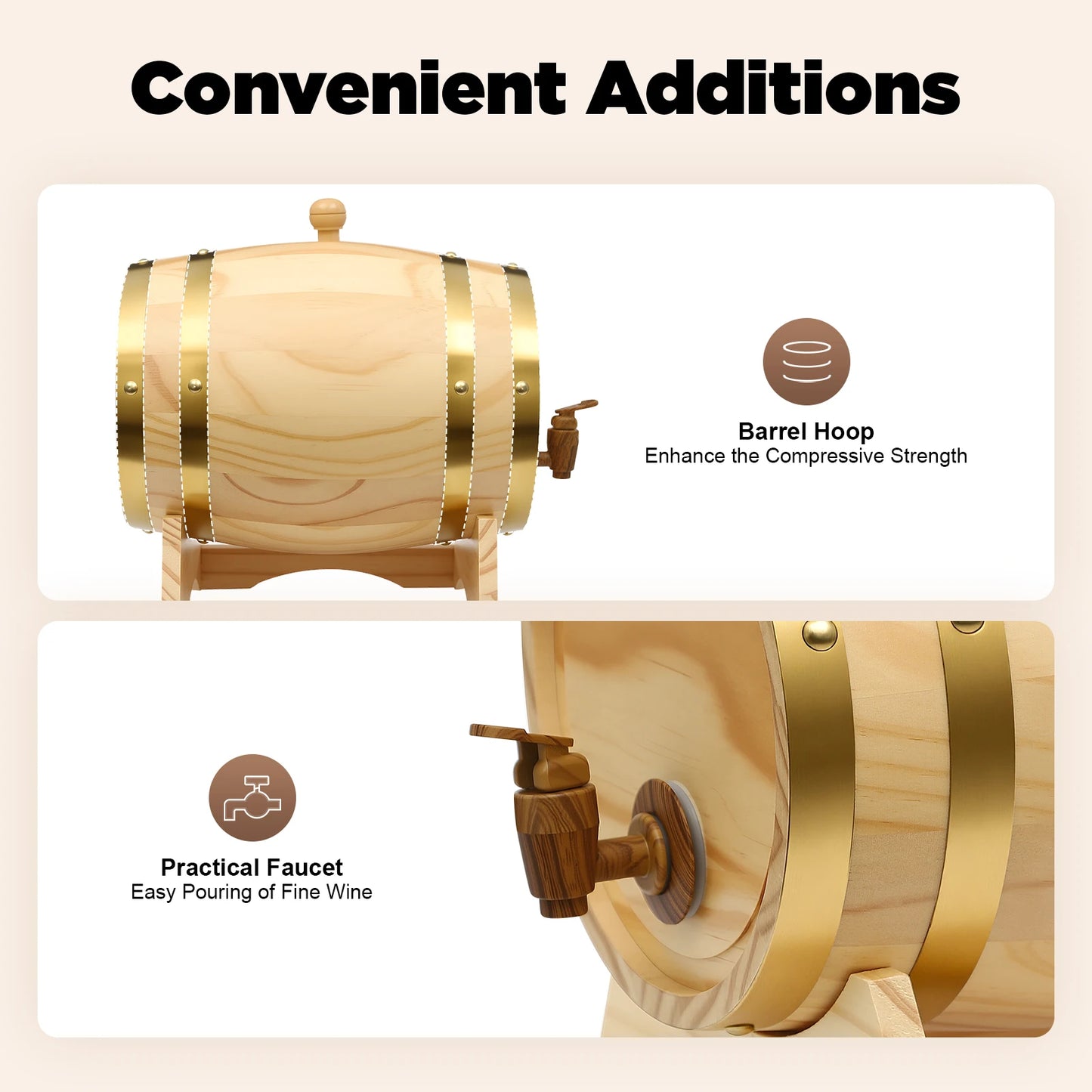 5l/1.32gal Wine Barrel Pine Wooden Whiskey Barrel For Aging Home Wine Spirits Traditional Design With Wood Faucet Perfect