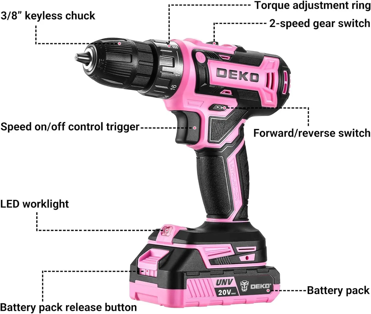 Deko 20V Cordless Drill Set With Variable Speed 0-1350 RPM