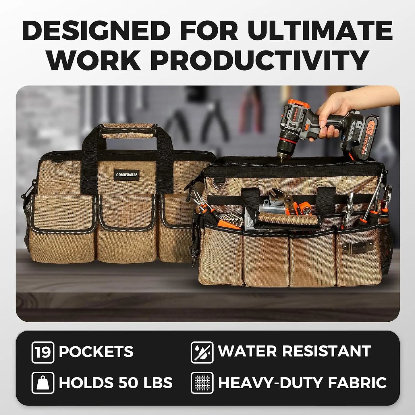 Heavy Duty 16 Inch Tool Bag Organizer With 19 Pockets And Adjustable Strap For Onsite Use