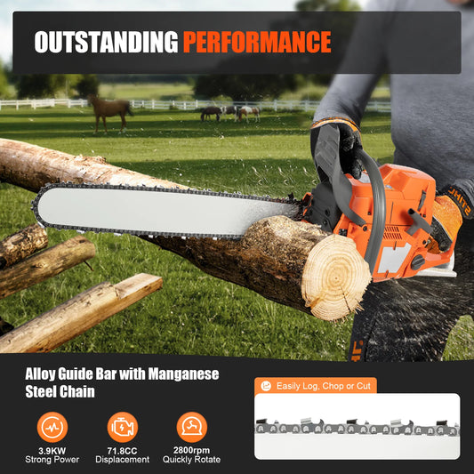 Gas Chainsaw 72cc 3900W 2-Stroke Handheld Wood Cutting