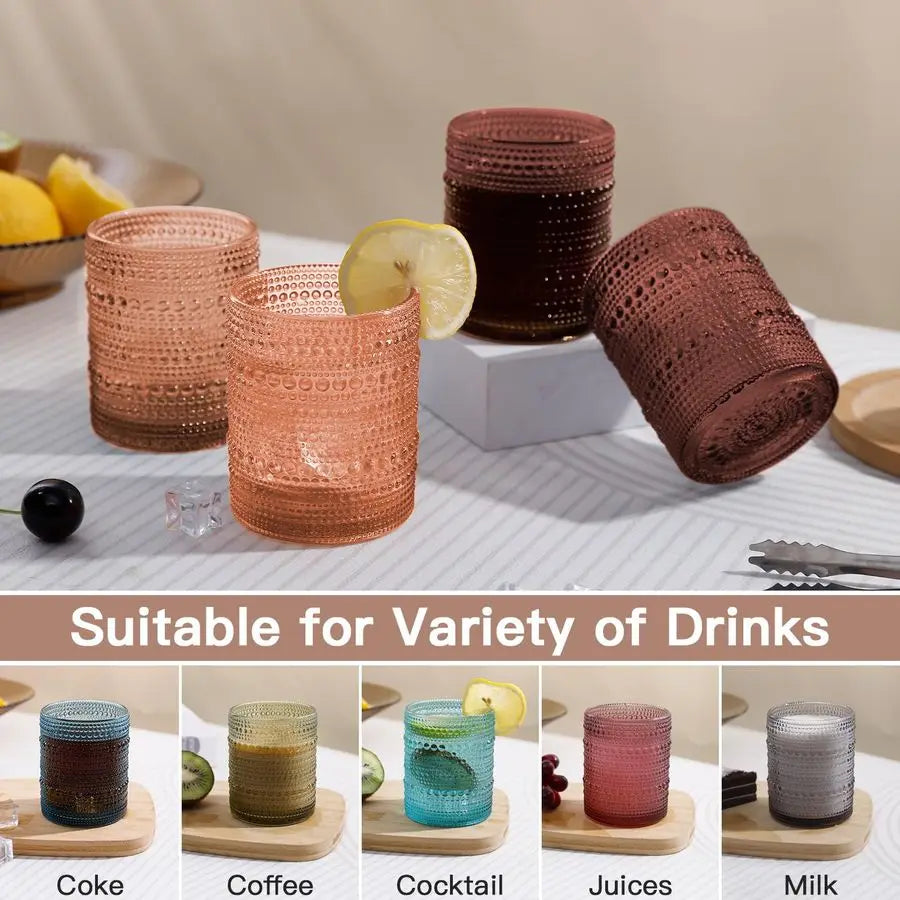 Vintage Hobnail Drinking Glasses Set of 6, Embossed Water Tumbler 12oz, Kitchen amp Bar Beaded Glass Cups, Beverage Glass Cups f