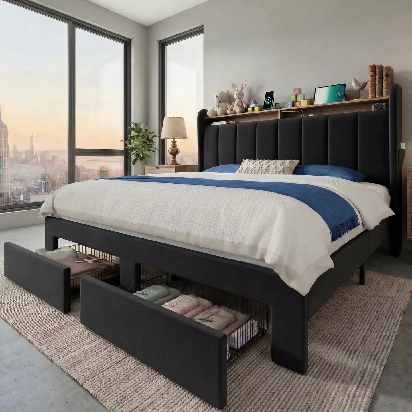 Hoomic Bed Frame With LED Lights And Charging Station Two Storage Drawers And Headboard Shelves