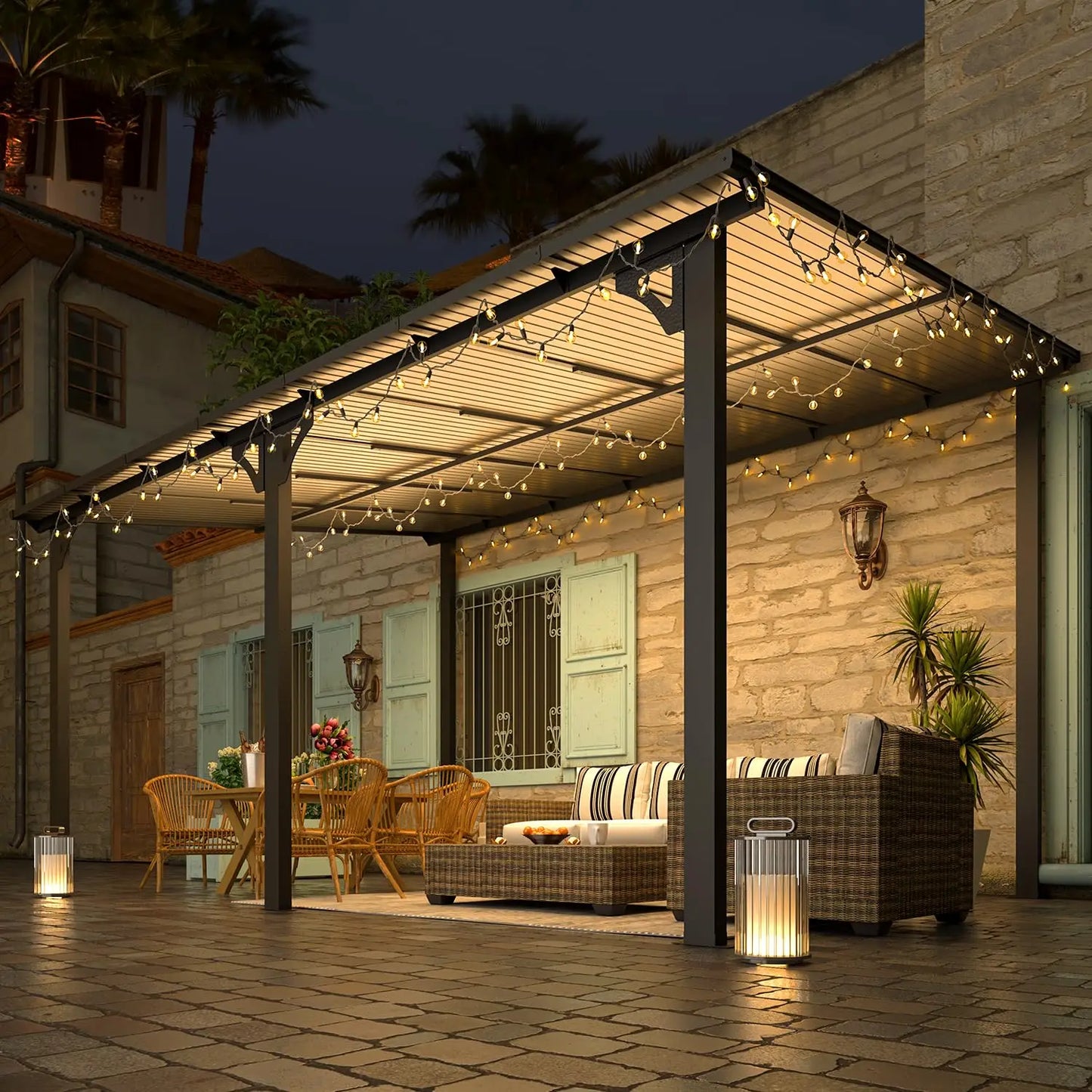 Hard Top Gazebo Pergola Wall Mounted Steel Roof