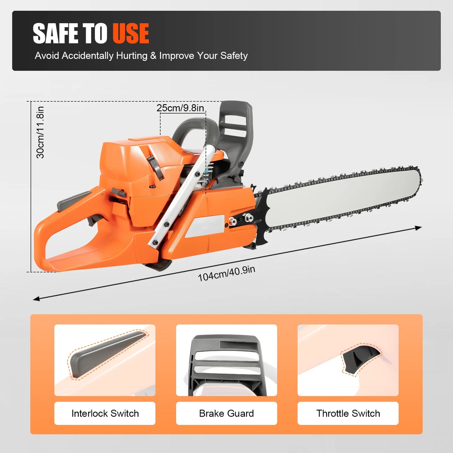 Gas Chainsaw 72cc 3900W 2-Stroke Handheld Wood Cutting